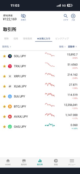 A Japanese cryptocurrency exchange app showing a portfolio balance of ¥122,169 with a list of trading pairs including SOL/JPY (15,892.7), TRX/JPY (51.6563), XRP/JPY (214.162), XLM/JPY (27.871), SUI/JPY (114.519), BTC/JPY (12,356,041), AVAX/JPY (1,147.000), and OAS/JPY (0.060), all showing negative percentage changes.
