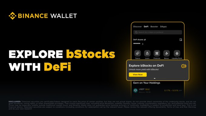 A Binance Wallet promotional graphic inviting users to 'EXPLORE bStocks WITH DeFi,' showing a mobile app interface with DeFi assets like Stakes, Loans, Protocols, and Liquidity Pools.