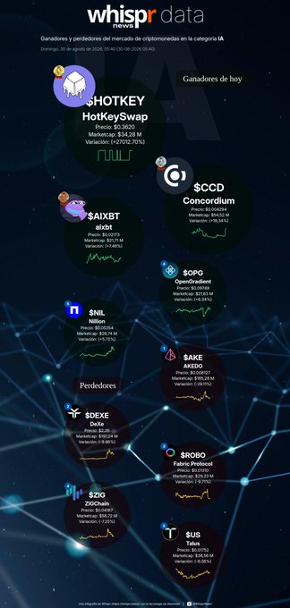 An infographic from 'whispr data news' titled 'Ganadores y perdedores del mercado de criptomonedas en la categoría IA' showing top crypto winners and losers including $HOTKEY, $CCD, $AIXBT, $OPG, $NIL, $SAKE, $DEXE, $ROBO, $ZIO, and $US.