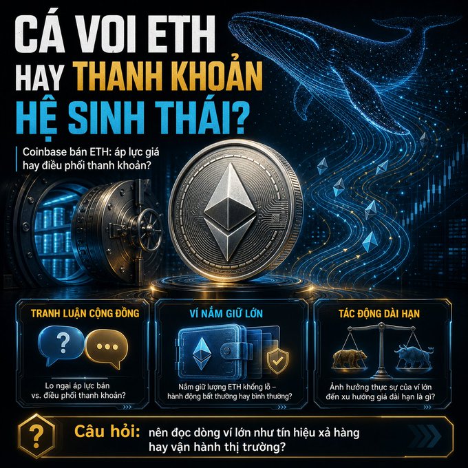 Vietnamese cryptocurrency graphic titled 'CÁ VOI ETH HAY THANH KHOẢN HỆ SINH THÁI?' discussing Coinbase selling ETH and price pressure versus liquidity control, featuring an Ethereum coin and whale imagery.