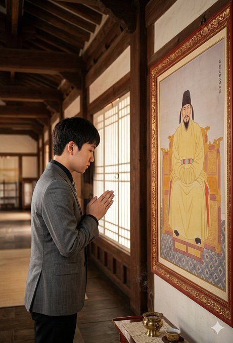A man in a gray suit stands with hands clasped in prayer before a traditional Korean portrait of a seated royal figure, offering incense at a small altar in a wooden hall.

The image carries no direct connection to Bitcoin or cryptocurrency markets; instead, it depicts a solemn act of ancestral or memorial veneration, contrasting with the post's aggressive claims about the end of the 4-year halving cycle and hyperbolic promises of 100x–300x altcoin gains.