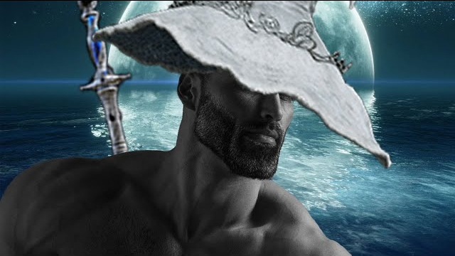 The image features a man with a prominent beard wearing an unusual hat, holding a sword or staff, which appears to be made of silver, black, or gray metal. The background shows a night sky filled with stars and planets. Additionally, there is some text in the image that reads "Digital cartographer the mapping the depths of on-chain perdition in tangential universes where $BTC had not yet pumped to $500k", which suggests that this man might be involved in a digital art project or a creative endeavor related to maps and astrology.