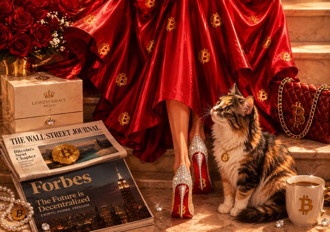 A luxurious scene features a woman in a flowing red dress adorned with Bitcoin symbols, alongside a cat wearing a Bitcoin tag, surrounded by roses, pearls, a Wall Street Journal newspaper, a Forbes magazine ('The Future is Decentralized'), and a red mug with the Bitcoin logo.