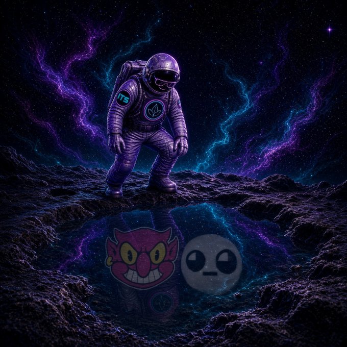A purple-suited astronaut with an "ITS" patch crouches on a rocky alien landscape, with a starry cosmic background and two emoji-like faces (a red devil and a bored face) reflected in a puddle below.