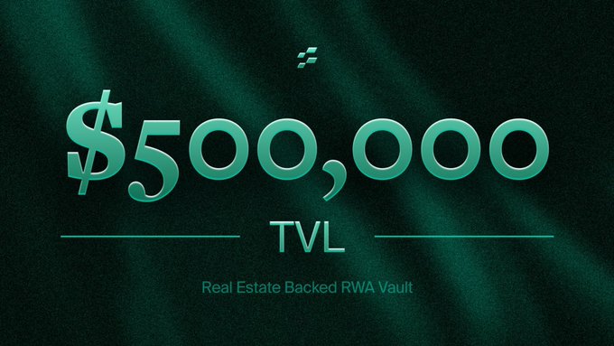 The image shows a logo of an advertisement that says "Flint officially hit $500,000 TVL". This refers to a milestone achieved by the virtual reality asset vault developed by the Flint RWA (Real Estate Backed Wallet). The word "TVL" on the poster indicates it is related to the technology used in the vault. It is worth noting that this landmark achievement can be related to both real estate and blockchain developments, making it a valuable milestone for the creators of the vault and any companies associated with it.