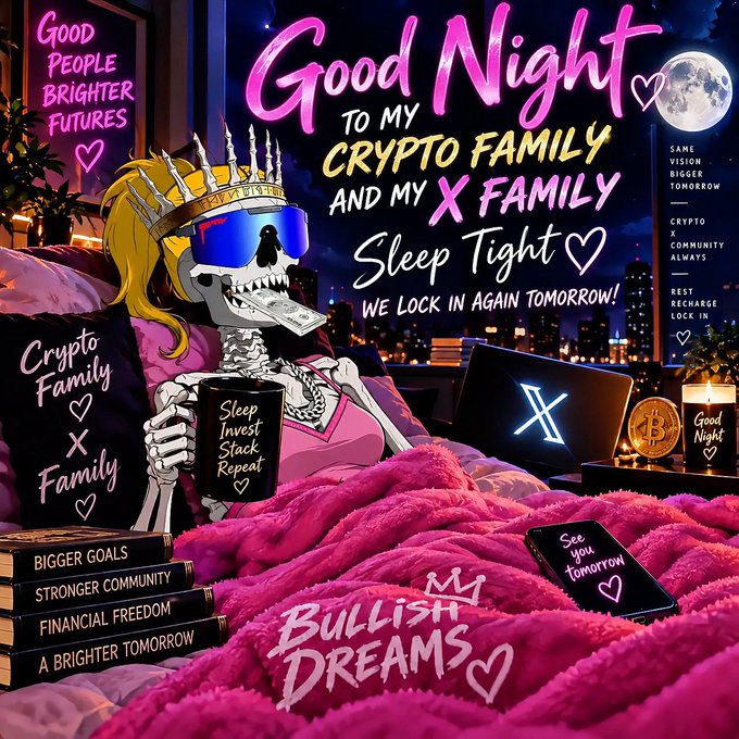 A vibrant pink and purple crypto-themed 'Good Night' graphic featuring a skeleton wearing a crown and blue sunglasses in bed, with a laptop displaying the X logo and various motivational crypto messages like 'Bullish Dreams' and 'Bigger Goals, Stronger Community'.