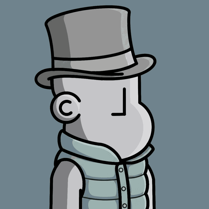 A cartoon character with no facial features wearing a gray top hat and a puffy light blue vest against a muted blue-gray background.