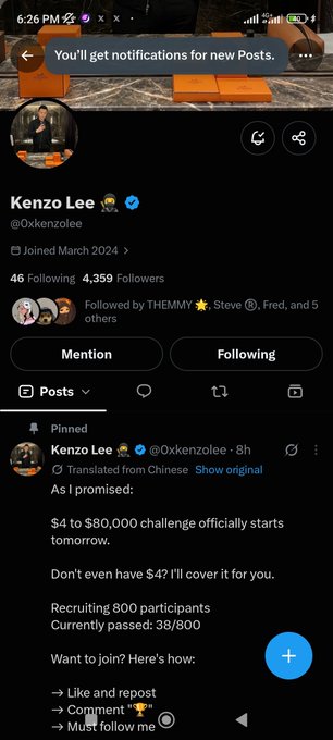 Screenshot of an X (formerly Twitter) profile for "Kenzo Lee" (@0xkenzolee) showing a pinned post about a $4 to $80,000 challenge recruiting 800 participants, with a notification banner at the top reading "You'll get notifications for new Posts."