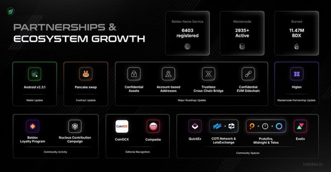 Dark-themed infographic titled 'PARTNERSHIPS & ECOSYSTEM GROWTH' displaying ecosystem statistics (6403 Beldex Names Service registered, 2935+ Masternode Active, 11.47M BDX Burned) and various partner logos organized by categories like Wallet Update, Contact Update, and Community Spaces.