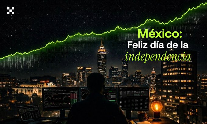 A graphic showing a person looking at trading monitors with a city skyline and an upward-trending green line graph, with text reading 'México: Feliz día de la independencia'.