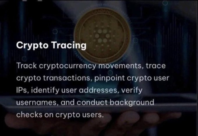 A digital graphic titled 'Crypto Tracing' showing a golden Cardano (ADA) coin and text describing services to track cryptocurrency movements, trace transactions, pinpoint IPs, and verify usernames.