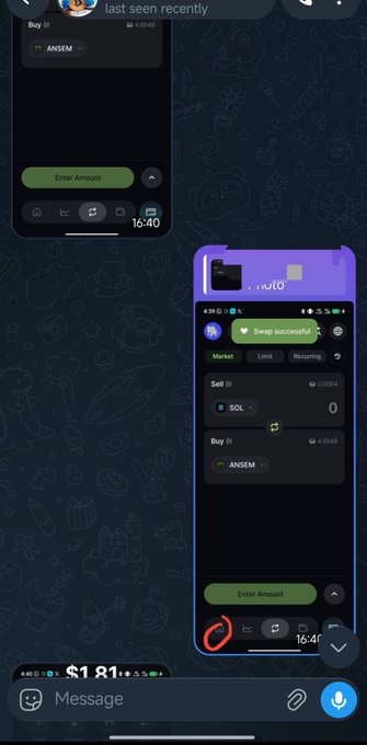 A phone screenshot shows a swap app successfully swapping $SOL to $ANSEM at $181, aligning with the post about everyday $ANSEM trading activity.