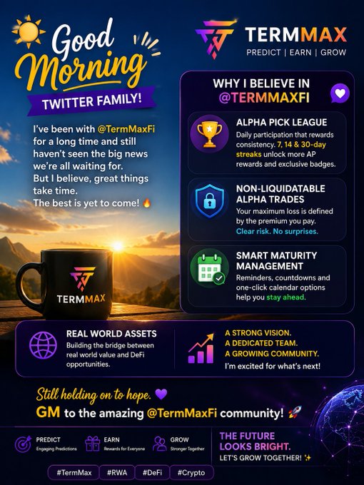 A "Good Morning" promotional post for "TERMMAX" featuring a sunrise background, a branded mug, and details on features like "ALPHA PICK LEAGUE," "NON-LIQUIDATABLE ALPHA TRADES," and "SMART MATURITY MANAGEMENT," tagged with #TermMax and #Crypto.