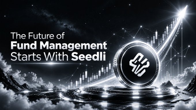 A promotional graphic reading 'The Future of Fund Management Starts With Seedl' featuring a metallic coin with a handshake logo on a pedestal, set against a starry sky with an upward-trending stock chart.