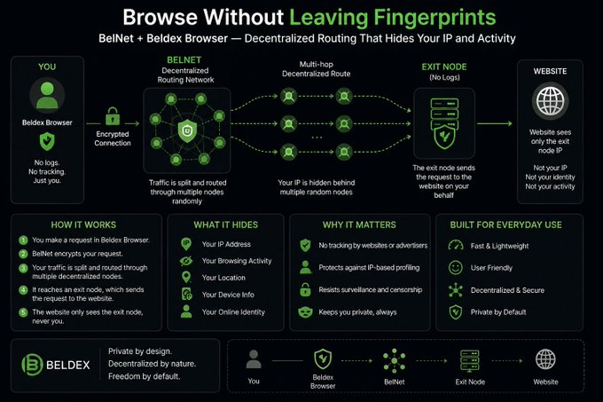 An infographic titled 'Browse Without Leaving Fingerprints' explains the BelNet + Beldex Browser decentralized routing system for hiding IP addresses and activity, with sections on how it works, what it hides, and why it matters.