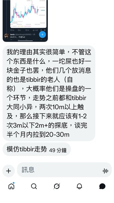 A screenshot of a messaging app showing a cryptocurrency price chart and Chinese text discussing trading strategies, including mimicking 'tibbir' movements to target prices of '20-30m'.