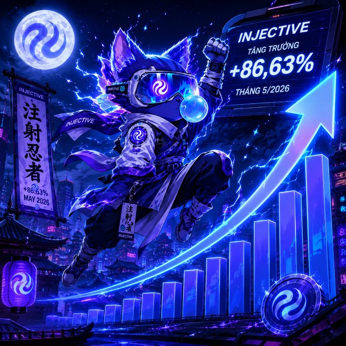 The image shows a man with glasses and goggles, possibly wearing an Injective outfit, jumping into the air above a chart or graph that has numbers at various heights. The background appears dark blue with glowing blue lines coming from the center of the frame, giving the impression of a neon night scene. The man's position in the middle of this scene suggests he is interacting with something related to the numbers on the chart or graph.