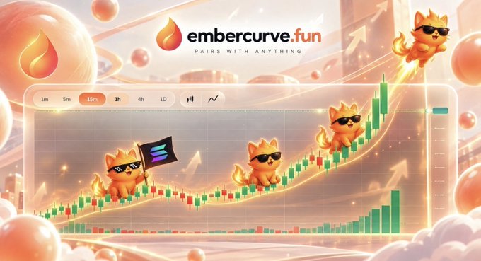 A vibrant promotional graphic for "embercurve.fun" featuring the tagline "PAIRS WITH ANYTHING" alongside a candlestick chart populated by sunglasses-wearing orange cat mascots riding an upward trend, with one holding a Solana logo flag, visually reinforcing the "CAT SZN" hype for the $EMBERCAT token.