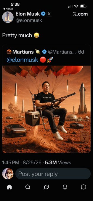 A screenshot of an X (formerly Twitter) post by Elon Musk (@elonmusk) responding 'Pretty much 😂' to a shared image depicting himself on Mars with rockets, balloons, and a Cybertruck.