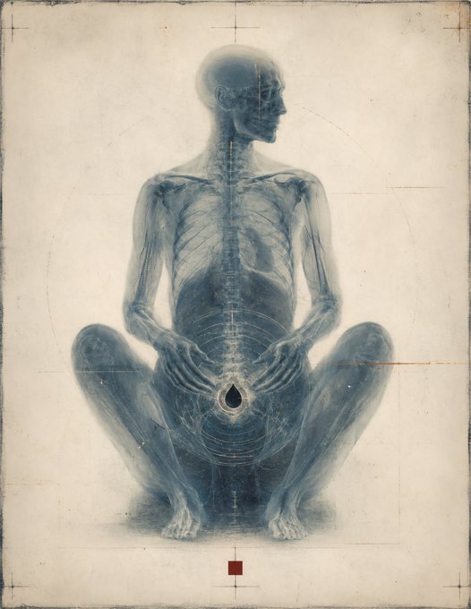 An artistic x-ray style portrait of a translucent human figure sitting cross-legged in a meditative pose, with concentric circles radiating from its core.
