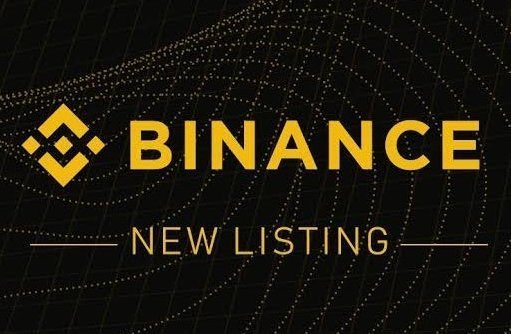 The image displays a Binance "New Listing" announcement banner featuring the company's signature yellow diamond logo against a dark background with subtle wave patterns. This promotional graphic is designed to be paired with an announcement template, where the blank space after "$" in the caption would be filled with the name/ticker of the cryptocurrency being newly listed on the Binance exchange.
