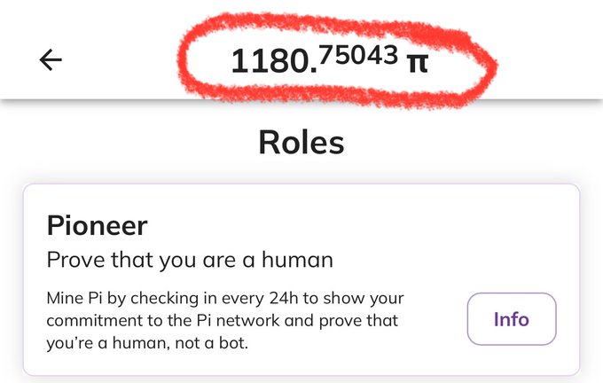 A screenshot showing a balance of '1180.75043 π' circled in red, with text below indicating a 'Pioneer' role that says 'Prove that you are a human'.