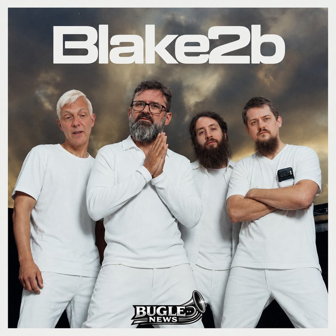 An album cover or promotional image titled 'Blake2b' showing four men dressed in white standing together against a dark, cloudy sky, with a 'BUGLED NEWS' logo at the bottom.