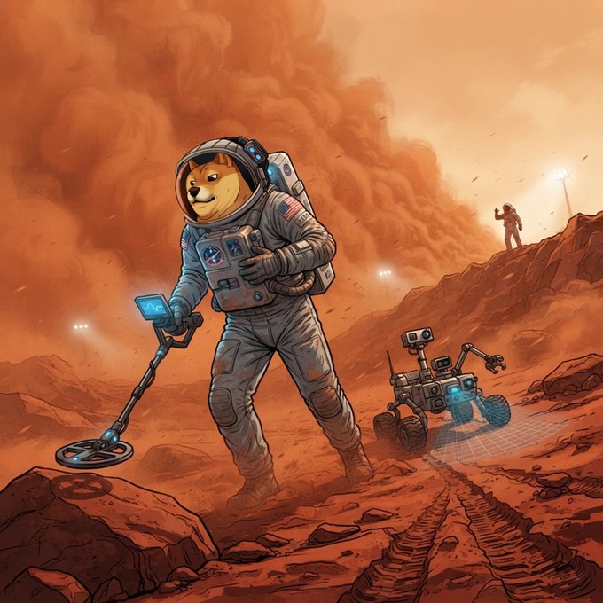 An illustration of an astronaut with a dog face wearing a spacesuit and metal detector on Mars, accompanied by a robotic rover with a holographic grid display.
