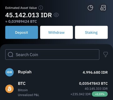 A crypto wallet dashboard displays an estimated asset value of 45,142,013 IDR (≈0.03989424 BTC), with holdings of 4,996,680 IDR and 0.03547843 BTC (40,145,333 IDR) showing an unrealized P&L of +235,042 IDR (+0.59%), supporting the post's DCA Bitcoin accumulation strategy.