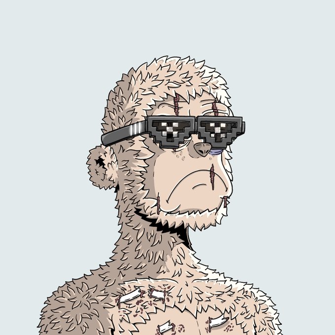 An illustration of a pixelated, stitched-up monkey character wearing sunglasses with a sad expression on a light blue background.