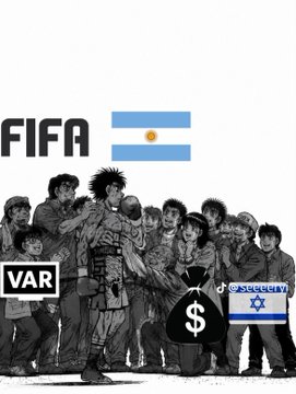 A stylized illustration shows a FIFA scene with the Argentine flag, players celebrating around a money bag marked with a dollar sign, and a "VAR" sign, paired with a small "GARMASCHET" inset. The imagery suggests a match refereed in favor of Argentina—with "money" and "VAR" symbolism implying controversial influence—framing the post's "The world won today" as ironic commentary on Argentina's advancement in the tournament.