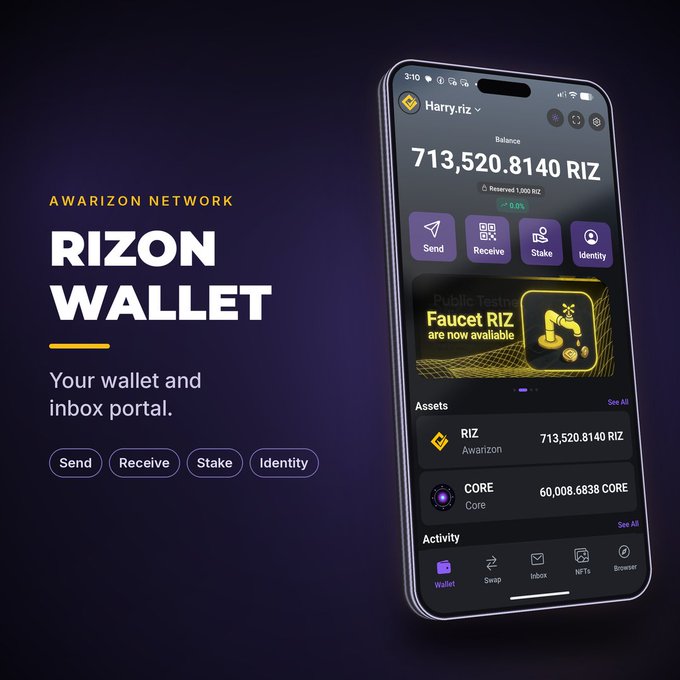 A promotional image for the 'Awarizon Network Rizon Wallet' showing a smartphone displaying a balance of 713,520.8140 RIZ along with Send, Receive, Stake, and Identity features.
