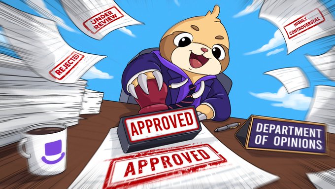A cartoon character in a purple hoodie enthusiastically stamps 'APPROVED' on documents at a desk labeled 'DEPARTMENT OF OPINIONS,' surrounded by papers marked 'REJECTED,' 'UNDER REVIEW,' and 'HIGHLY CONTROVERSIAL.'