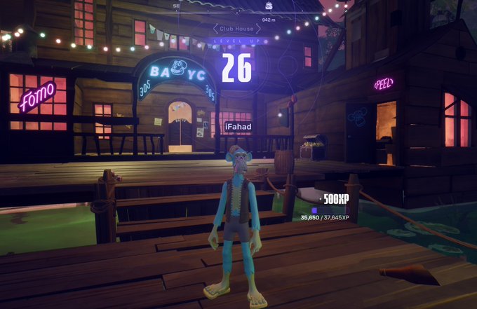 The image features a cartoon character standing on a dock, with a neon sign above them that says "26". The character appears to be wearing a blue shirt and has a backpack on their back. In the background, there are several buildings, including one labeled "Club House" and another named "Foo Bar". A person is also visible in the image, standing near the dock area.