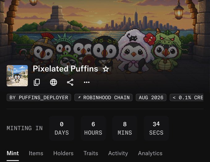A digital collectible page titled 'Pixelated Puffins' by PUFFINS_DEPLOYER on the Robinhood Chain, featuring pixel art puffins dressed as warriors and characters with a New York City skyline backdrop, showing a mint countdown of 0 days, 6 hours, 8 minutes, 34 seconds.