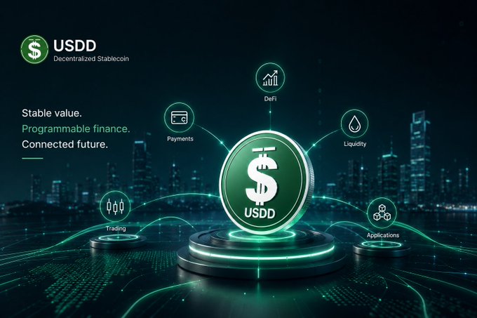 A promotional graphic for USDD (Decentralized Stablecoin) featuring a central green coin emblem connected to icons representing DeFi, Payments, Liquidity, Applications, and Trading, with the tagline 'Stable value. Programmable finance. Connected future.'