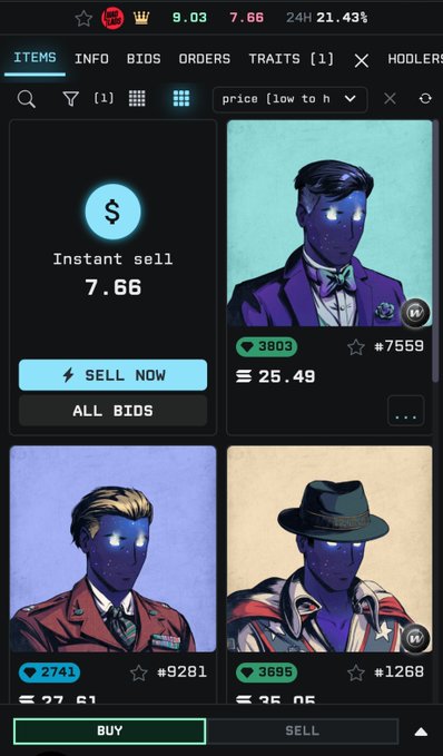 NFT marketplace interface showing a collection called 'HODLERS' with character cards priced around 25 ETH, featuring an 'Instant sell' option at 7.66 and a 'SELL NOW' button.