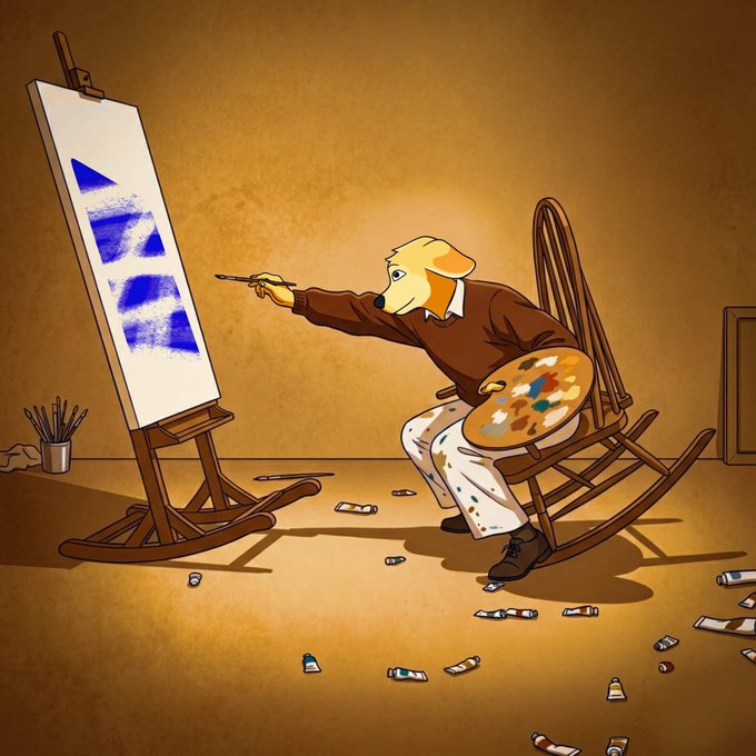 An illustration of a dog dressed as an artist wearing a brown sweater and paint-splattered pants, sitting in a rocking chair and painting on a canvas with a palette in hand, surrounded by scattered paint tubes.