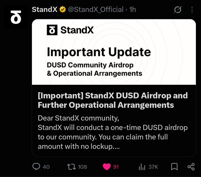 A screenshot of a tweet from StandX (@StandX_Official) announcing an important update about a DUSD Community Airdrop and operational arrangements, offering a one-time airdrop with no lockup.