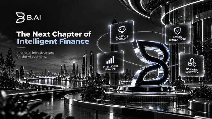 A sleek promotional banner for B.AI with the headline 'The Next Chapter of Intelligent Finance' and subtext 'Financial infrastructure for the AI economy,' featuring four icon categories: AI Agents Economy, Secure Transactions, Intelligent Finance, and Scalable Ecosystem.