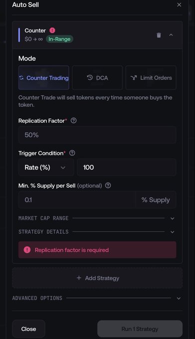 An "Auto Sell" configuration interface showing a "Counter Trading" strategy with a 50% Replication Factor, Rate of 100%, and Min. % Supply per Sell of 0.1.