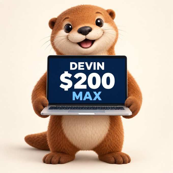 A cheerful cartoon otter stands holding a laptop displaying "DEVIN $200 MAX" on its screen, illustrating the giveaway of 10 free Devin Max plans to the tagged builders announced in the post.