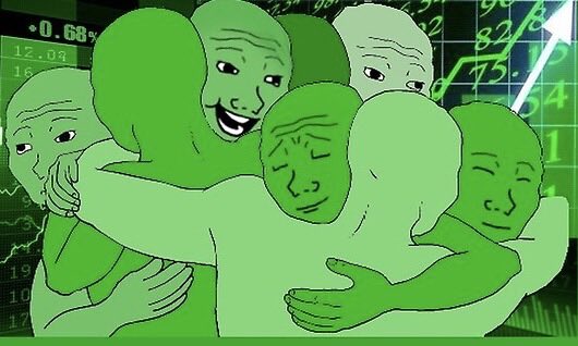 A meme-style image of green Wojak figures hugging each other, set against a background of a rising stock chart with a light green arrow.