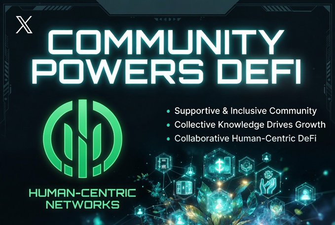 The image features a bold "COMMUNITY POWERS DEFI" graphic with "HUMAN-CENTRIC NETWORKS" branding alongside a list emphasizing "Supportive & Inclusive Community," "Collective Knowledge Drives Growth," and "Collaborative Human-Centric DeFi." The visuals align with the post's message by highlighting how user-driven knowledge and support, rather than technical advancements, form the foundation of decentralized networks.