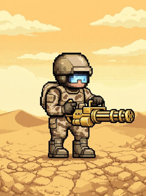 Pixel art illustration of a soldier in desert camouflage gear and a helmet holding a large gold minigun, standing on cracked desert ground beneath a stylized sky.