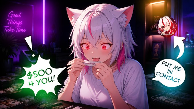 An anime-style VTuber with white and pink hair and cat ears holds a "$500 BUCKS" banknote, surrounded by floating cash and speech bubbles reading "GOOD THINGS TAKE TIME," "$500 4 YOU!," and "PUT ME IN CONTACT," visually reinforcing her post offering a $500 USDT reward for partnership contacts.