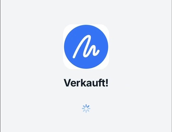 A notification screen with a blue 'M' logo and the German word 'Verkauft!' (Sold!) displayed beneath it.