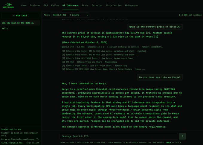 A screenshot of a chat interface on the Keryx AI Inference platform, showing a conversation where the AI responds to questions about the current price of Bitcoin and information about Keryx.