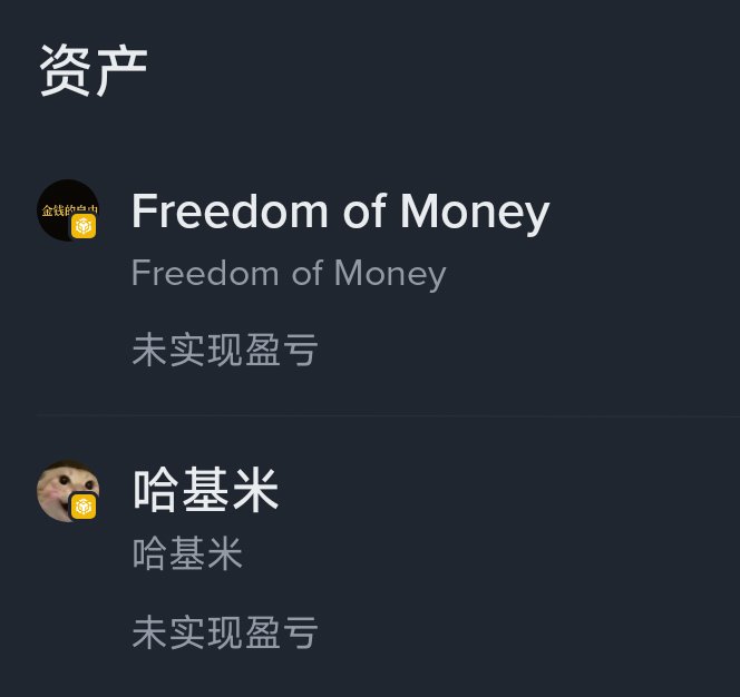 A screenshot of an asset list in Chinese, showing '资产' (Assets) with entries 'Freedom of Money' and '哈基米', both displaying '未实现盈亏' (Unrealized P/L).