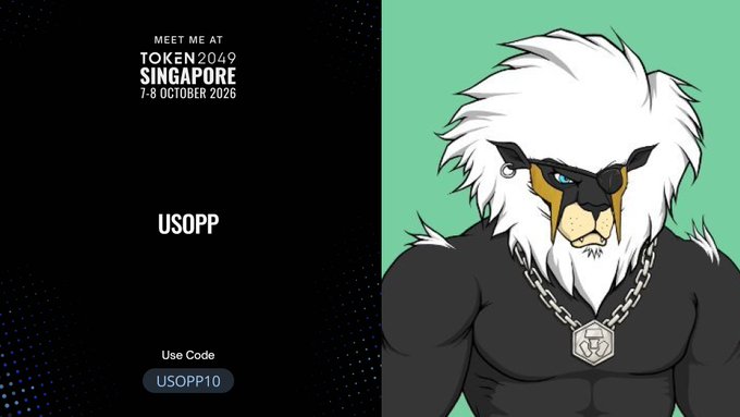 The image features a muscular anthropomorphic lion character named "USOPP" alongside promotional text for Token2049 Singapore (7-8 October 2026), offering a 10% discount code "USOPP10." This visually represents the poster's announcement of attending Token2049 Singapore and sharing an exclusive discount code with followers looking to connect at the event.